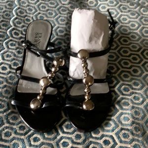 Franco Sarto Patent Black Sandal with Silver Beaded Front Kitten Heel Size 6